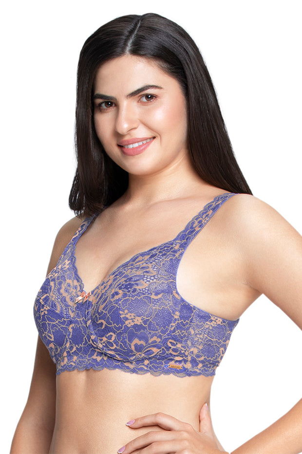 Fiesta Print Non Padded Wired Lace Bra - Periwinkle