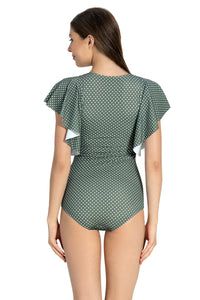Ruffle Sleeve One Piece Swimwear - Olive-Polka-Pr thumbnail 3