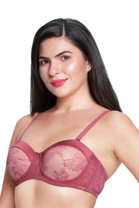 Satin Touch Strapless Padded wired Lace Bra - Autumn Rose thumbnail 3