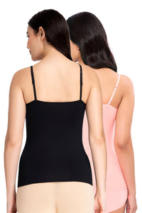 Spaghetti Strap Body Hugging Modal Camisole (Pack of 2) - Black - Impatiens Pink thumbnail 3