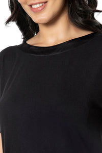 Satin Edge Half Sleeve Round Neck Sleep Top - Black thumbnail 4