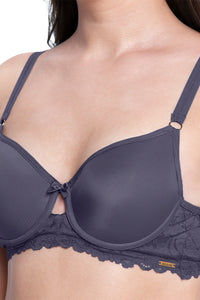 Strappy Bliss Solid Padded wired Lace Bra - Graystone thumbnail 4