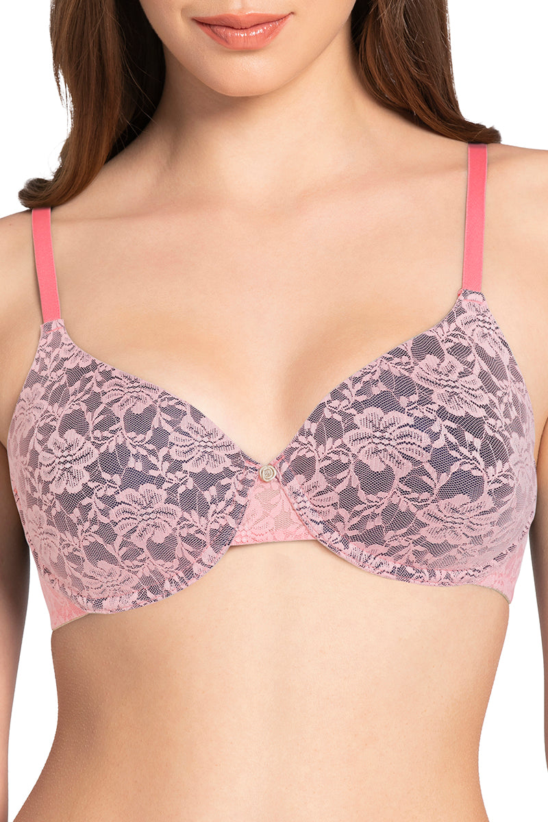 Lace Dream Padded Wired Lace Bra - Salmon Rose_M.Blue - Image 4 of 4