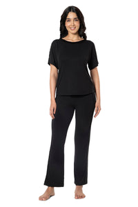 Satin Edge Half Sleeve Round Neck Sleep Top - Black thumbnail 5