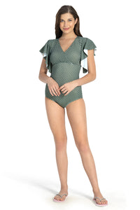 Ruffle Sleeve One Piece Swimwear - Olive-Polka-Pr thumbnail 5