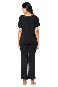 Satin Edge Half Sleeve Round Neck Sleep Top - Black thumbnail 6