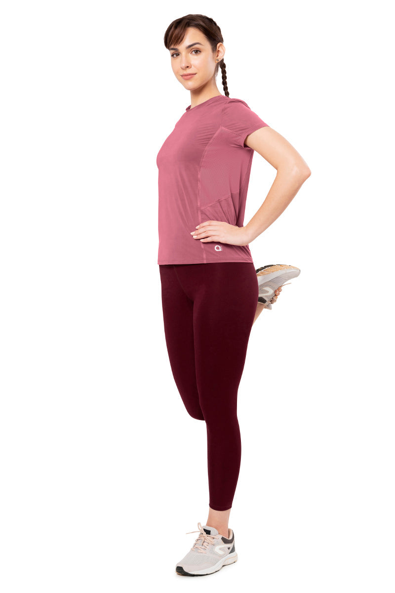 Flaunt Short Sleeve Round Neck Workout T-Shirt - Heather Rose
