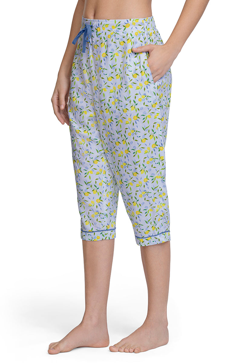 Capri Length Pyjama Bottom - Lemon Leaf Pr
