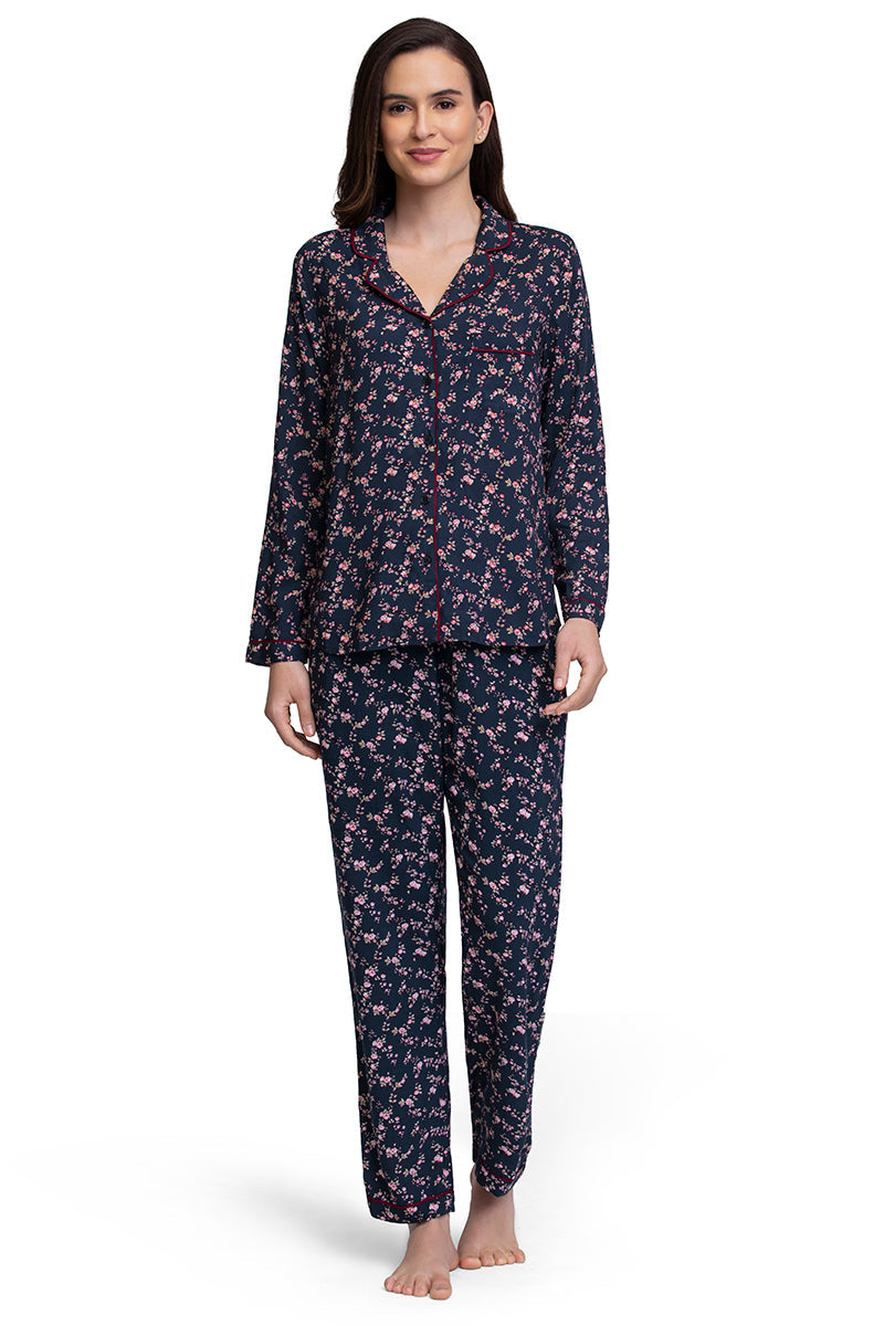 Full Length Pyjama Bottom - Floral Pr Navy