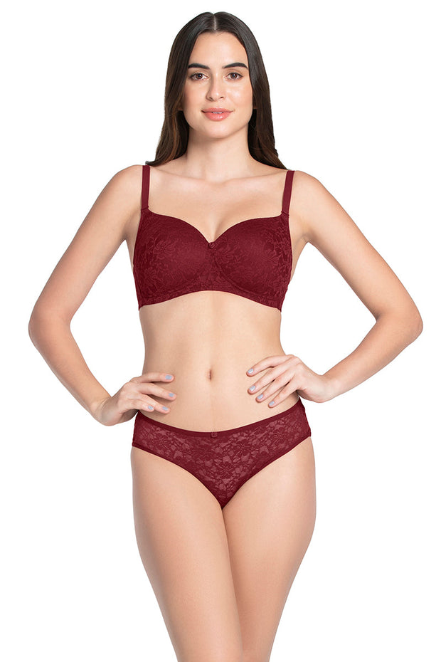 Floral Romance Padded Non-wired Lace Bra - Burgundy Wine Lace