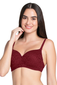 Floral Romance Padded Non-wired Lace Bra - Burgundy Wine Lace - color option