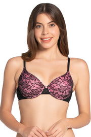 Floral Romance Padded Wired Lace Bra - Black-Sea Pink