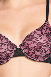 Floral Romance Padded Wired Lace Bra - Black-Sea Pink thumbnail 5
