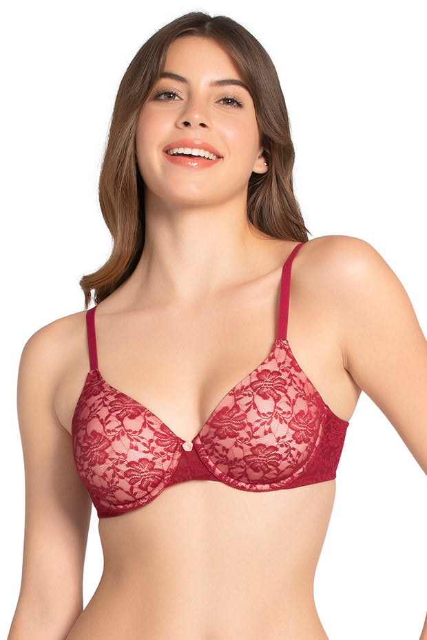 Floral Romance Padded Wired Lace Bra - Rumba Red-Impatiens Pink