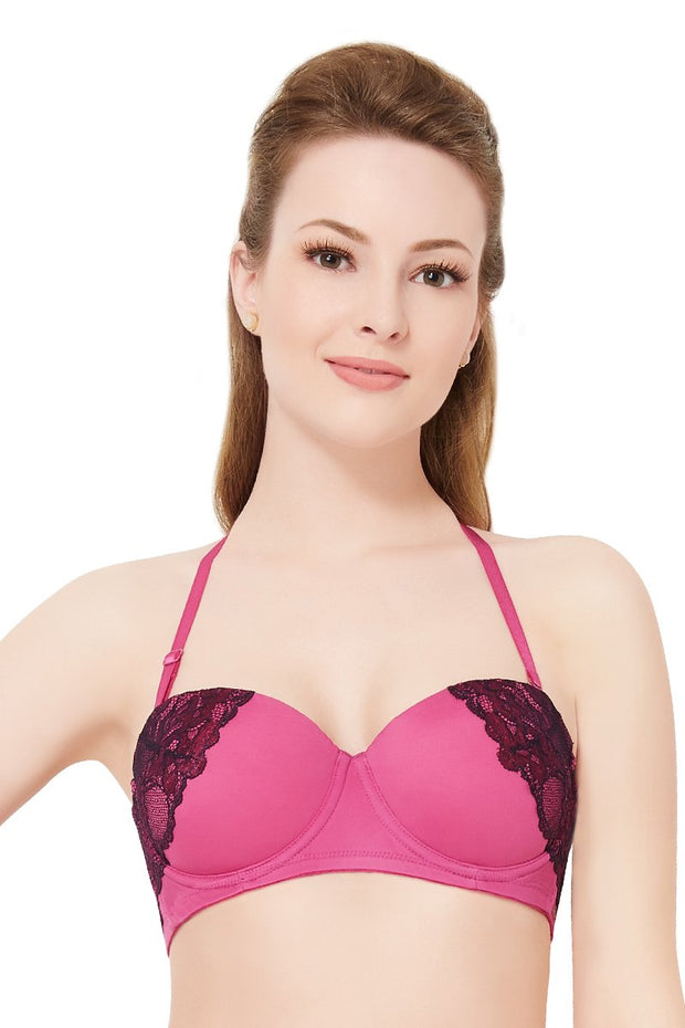 Padded Wired Multiway Convertible Lace Bra - Deep Fuschia-Black