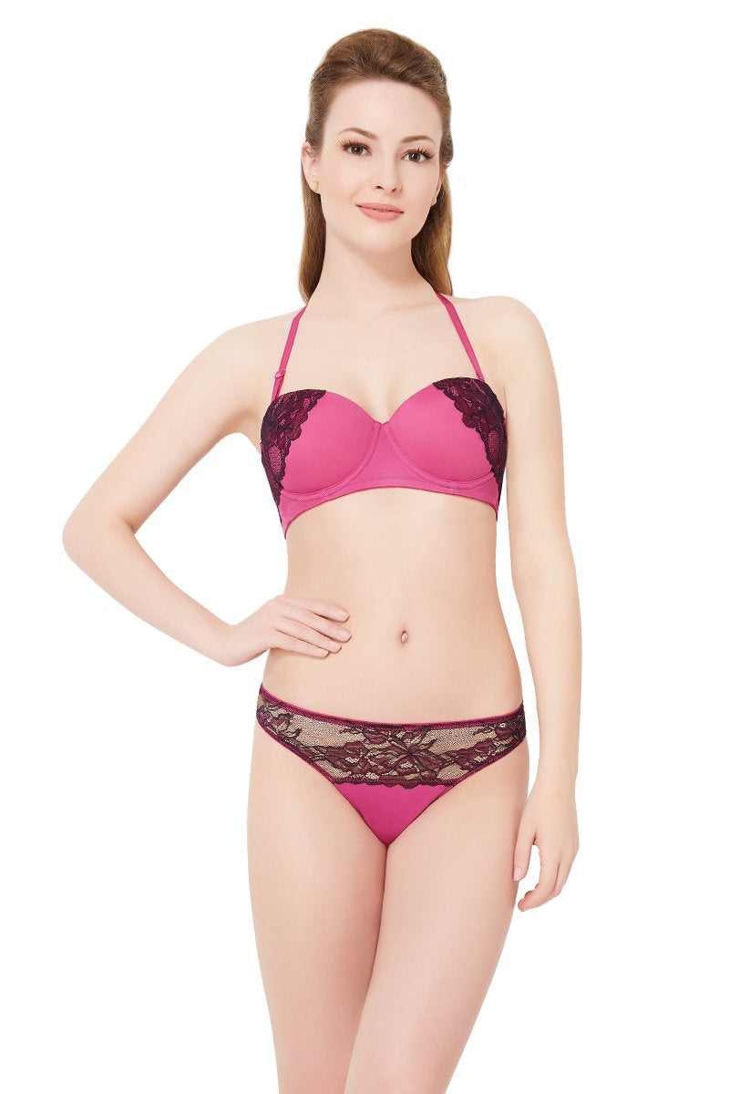 Padded Wired Multiway Convertible Lace Bra - Deep Fuschia-Black
