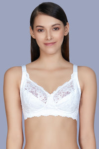 Non-Padded Non-Wired Full Cover Cotton Lace Support Bra - White thumbnail 1