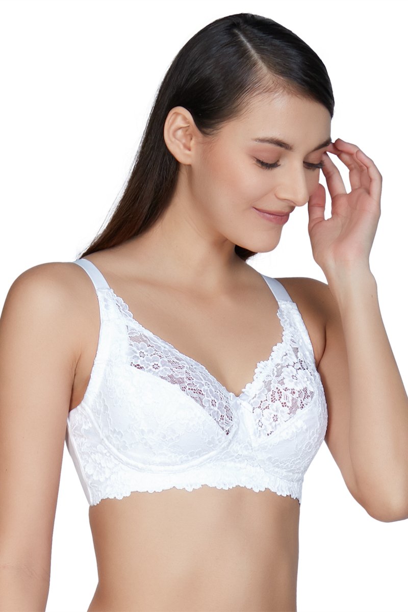 Non-Padded Non-Wired Full Cover Cotton Lace Support Bra - White