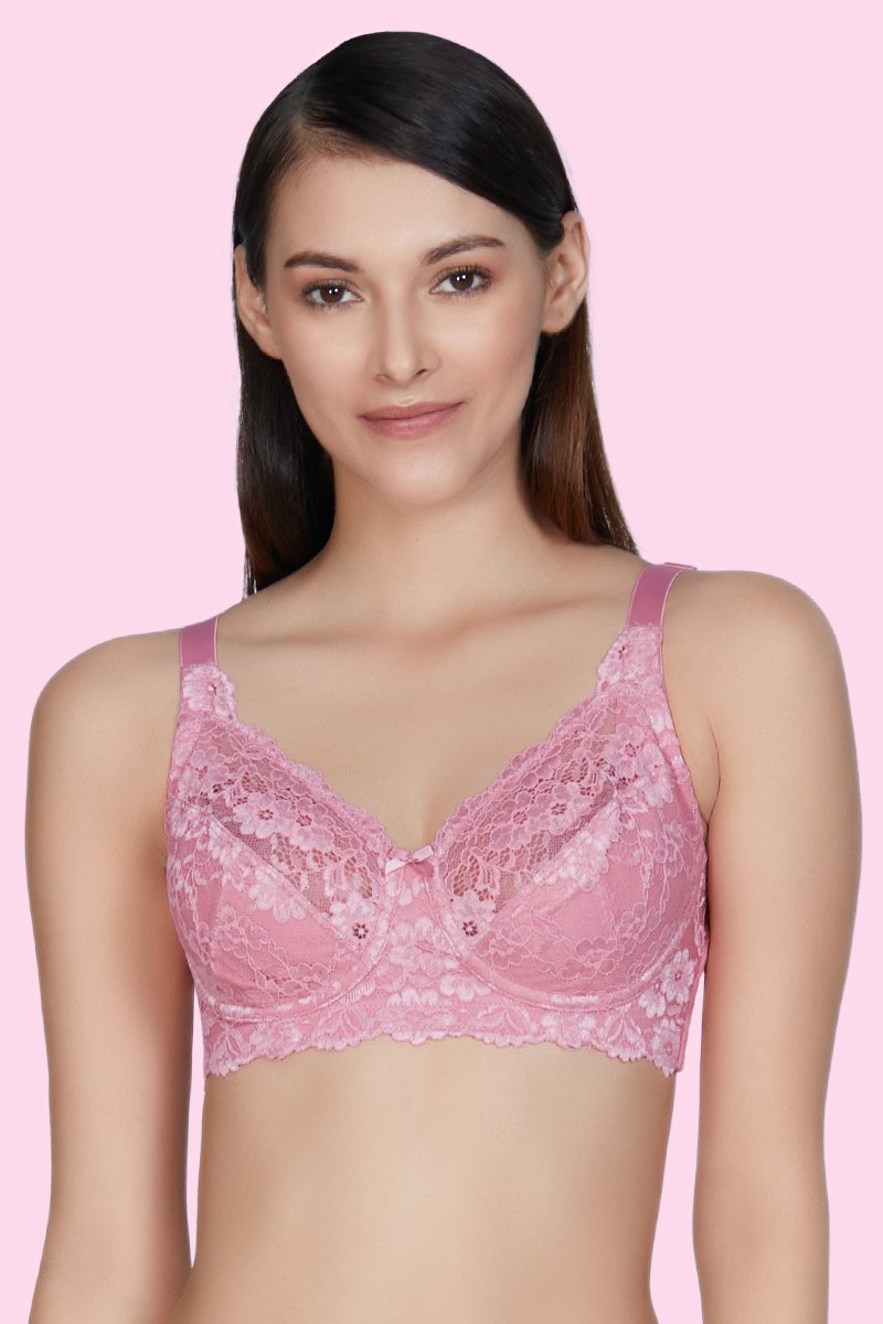 Non-Padded Non-Wired Full Cover Cotton Lace Support Bra - Wild Rose
