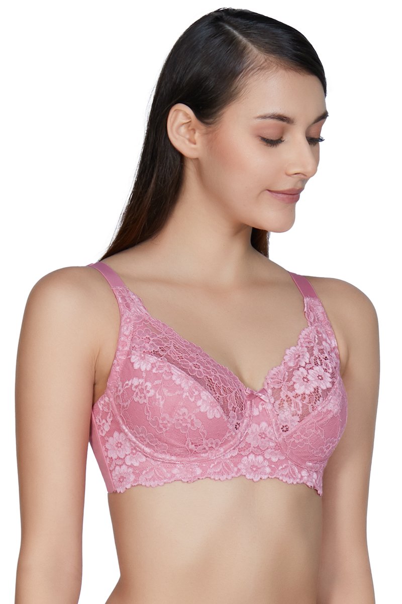 Non-Padded Non-Wired Full Cover Cotton Lace Support Bra - Wild Rose