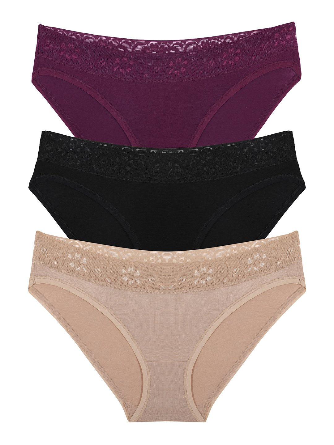 Ultimo Bikini with Lace Trim Panty Pack (Pack of 3) - Blk-Winetstng-Sndl
