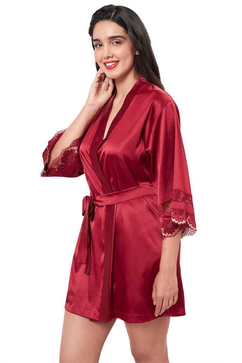 Eternal Bliss Satin Lace Robe - Red Berry