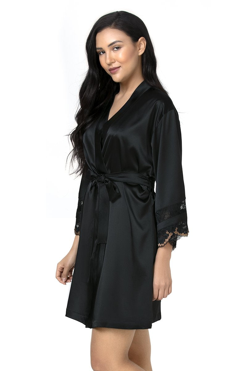 Eternal Romance Satin Lace Robe - Black