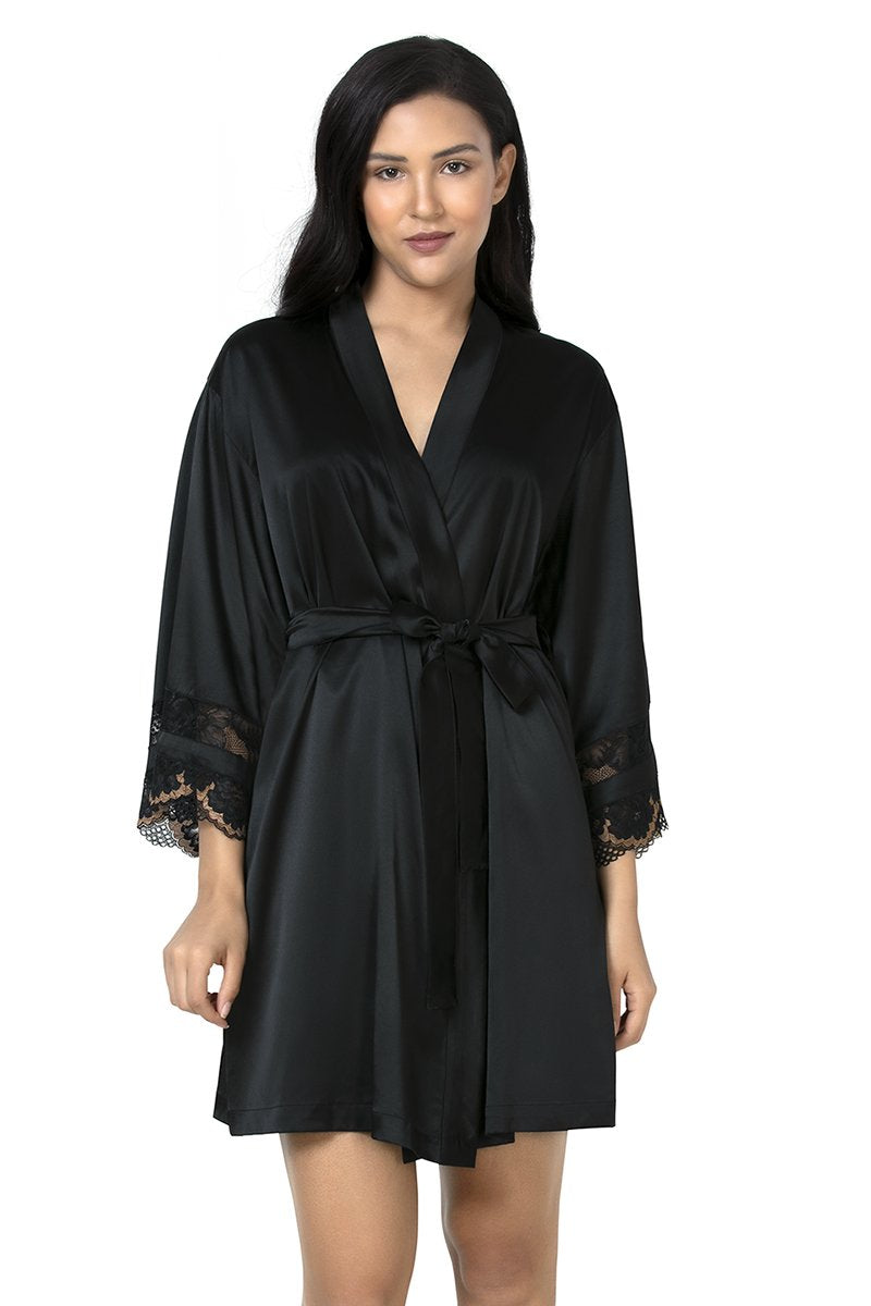 Eternal Romance Satin Lace Robe - Black