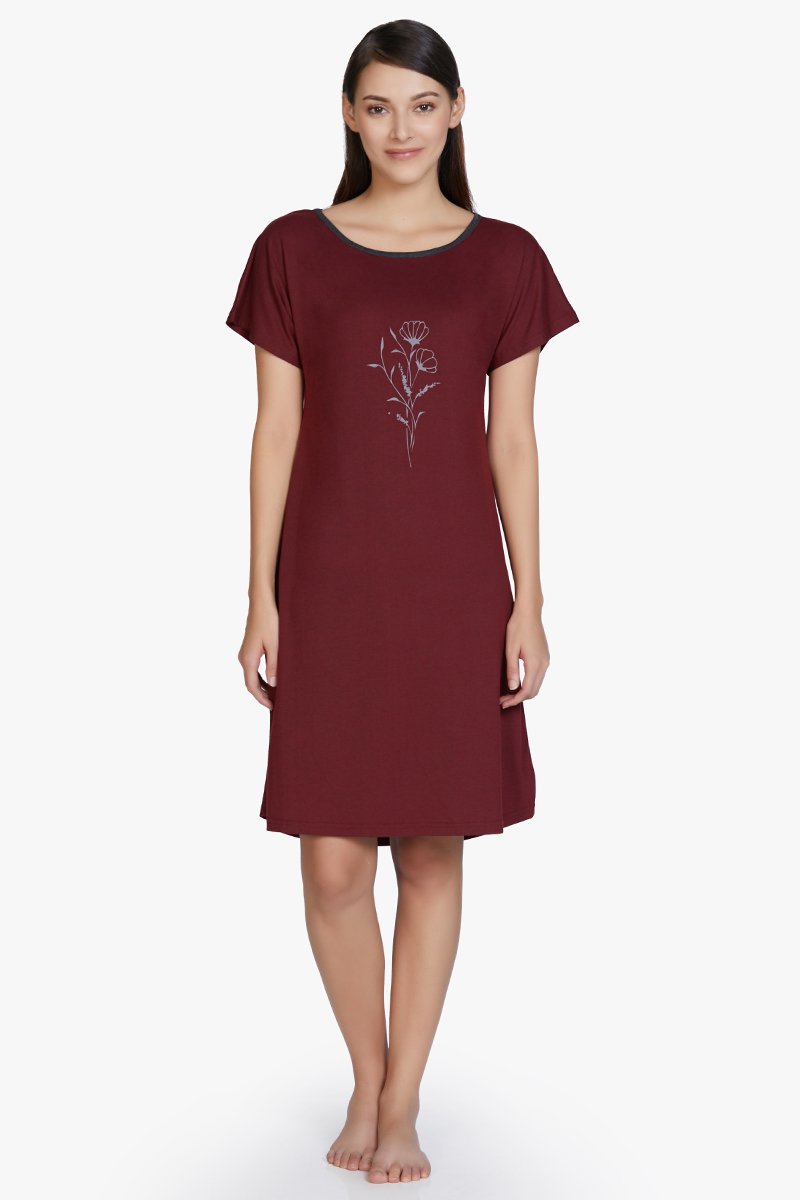 Cotton Blend Sleep Dress - Maroon