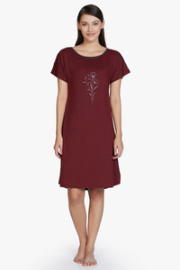 Cotton Blend Sleep Dress - Maroon thumbnail 1
