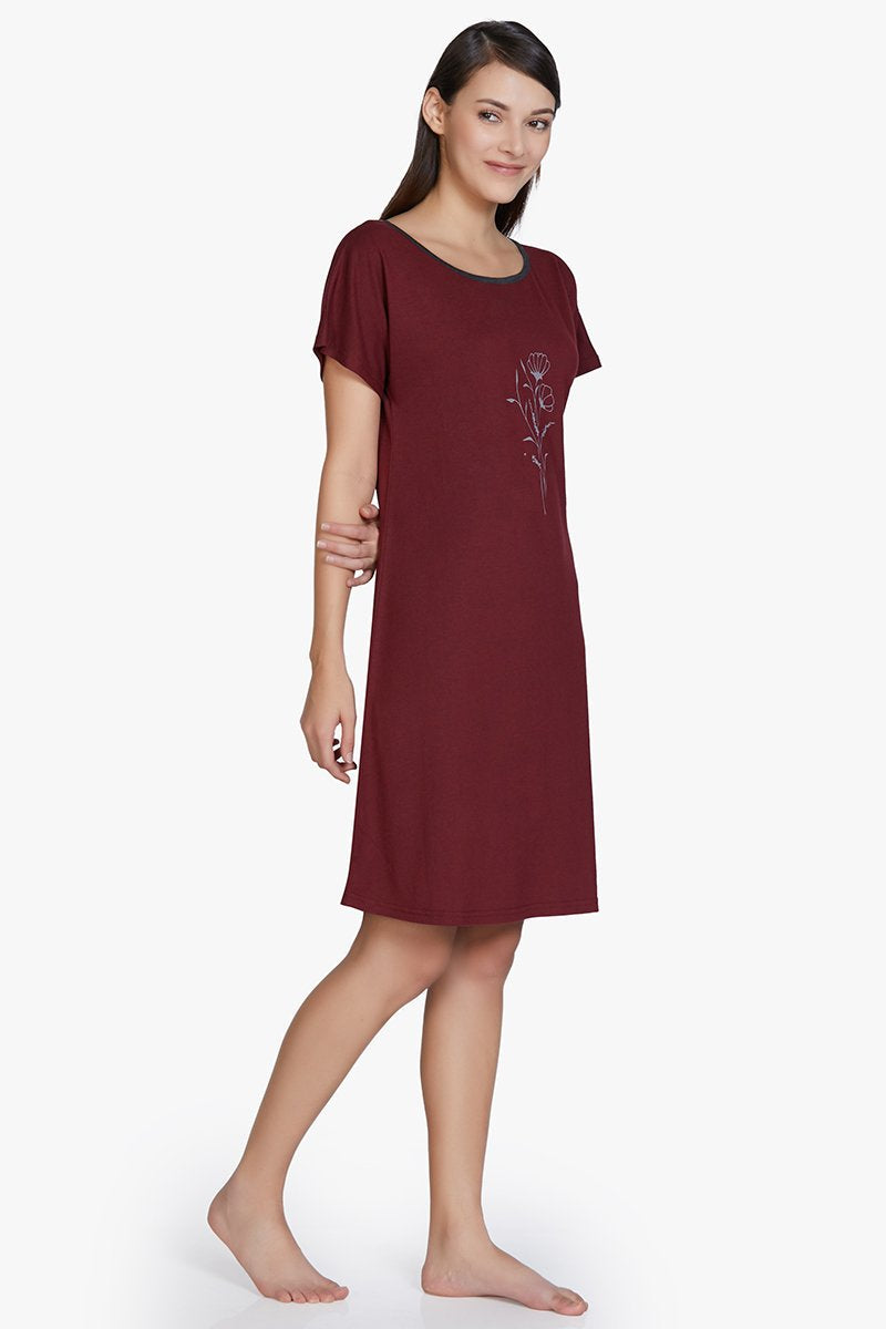 Cotton Blend Sleep Dress - Maroon