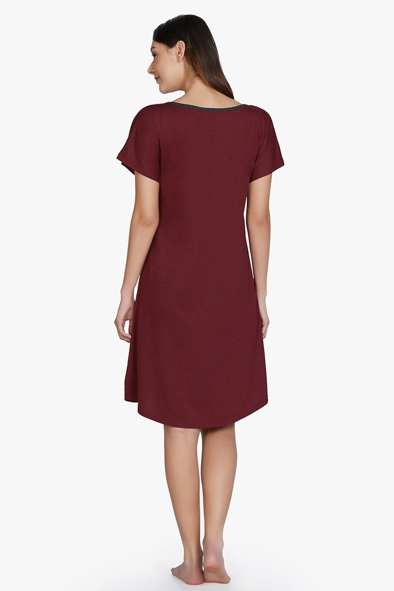 Cotton Blend Sleep Dress - Maroon - Image 3 of 4