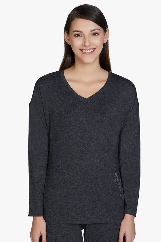 Cotton Blend Long Sleeve Sleep T-shirt - Charcoal