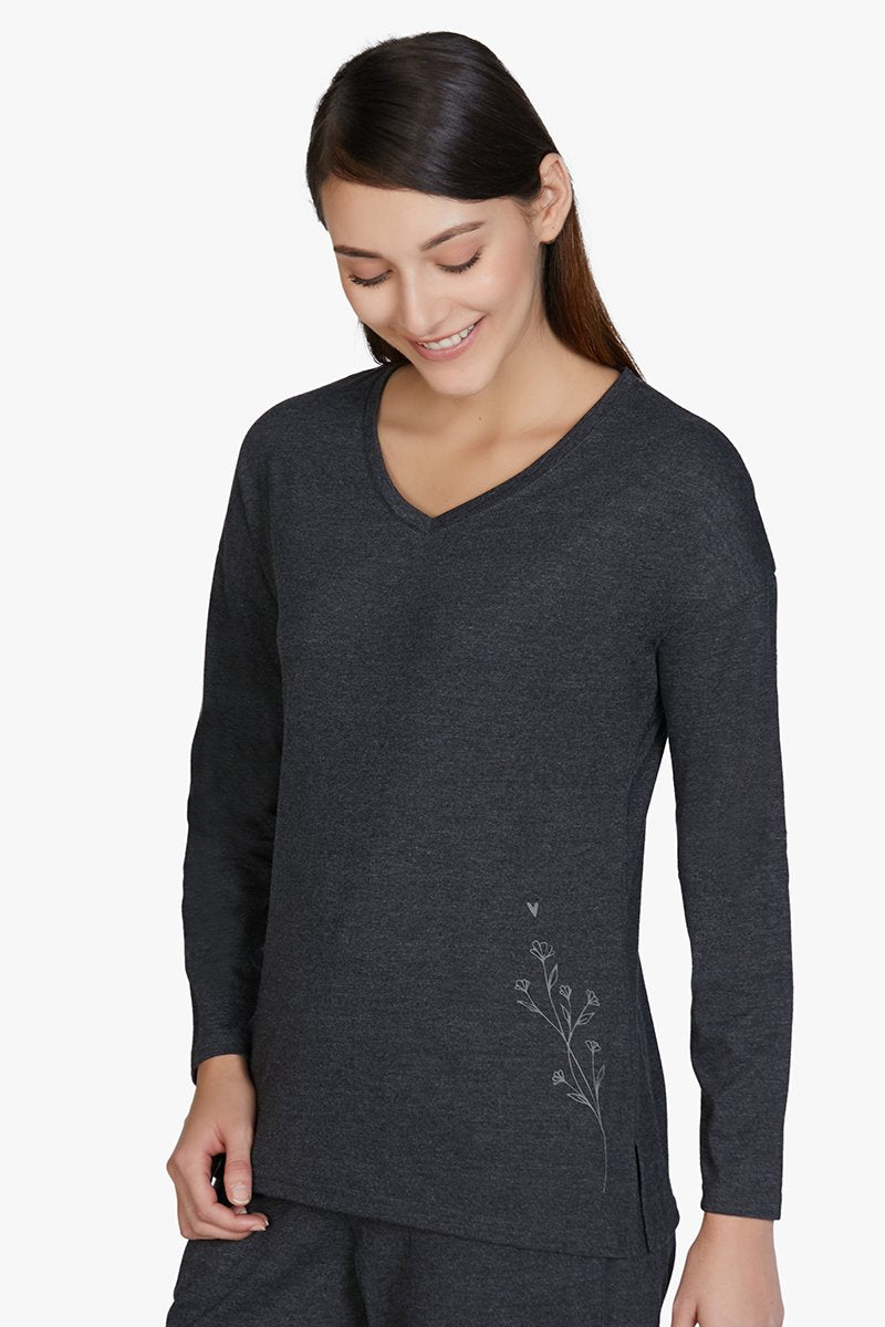 Cotton Blend Long Sleeve Sleep T-shirt - Charcoal