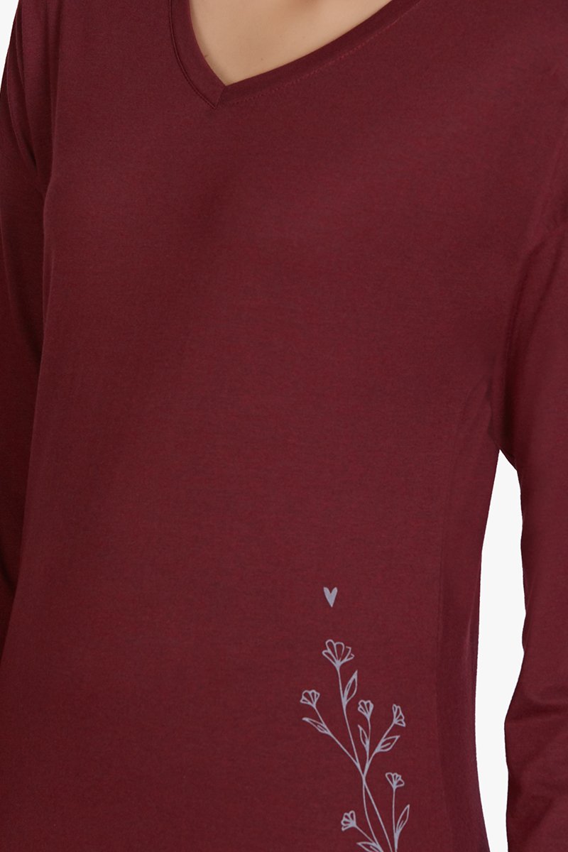 Cotton Blend Long Sleeve Sleep T-shirt - Maroon