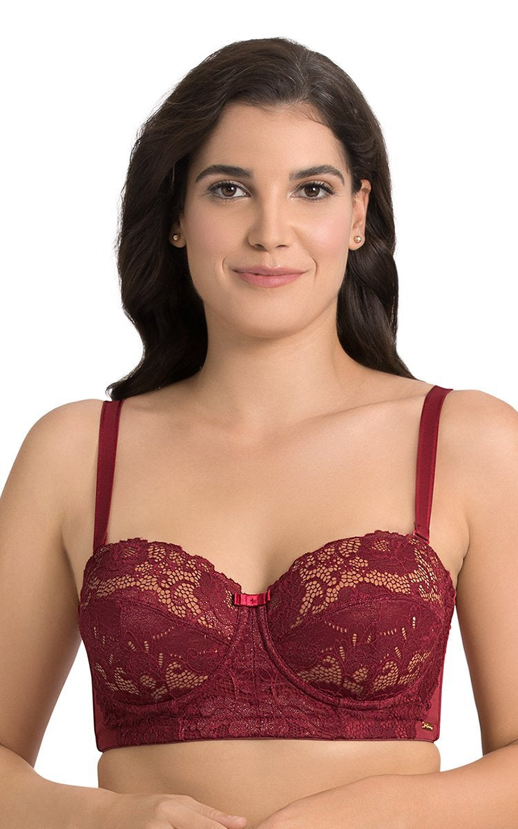 Ultimo Exotic Shimmer Padded Wired Balconette Bra - Laced Biking Red Color