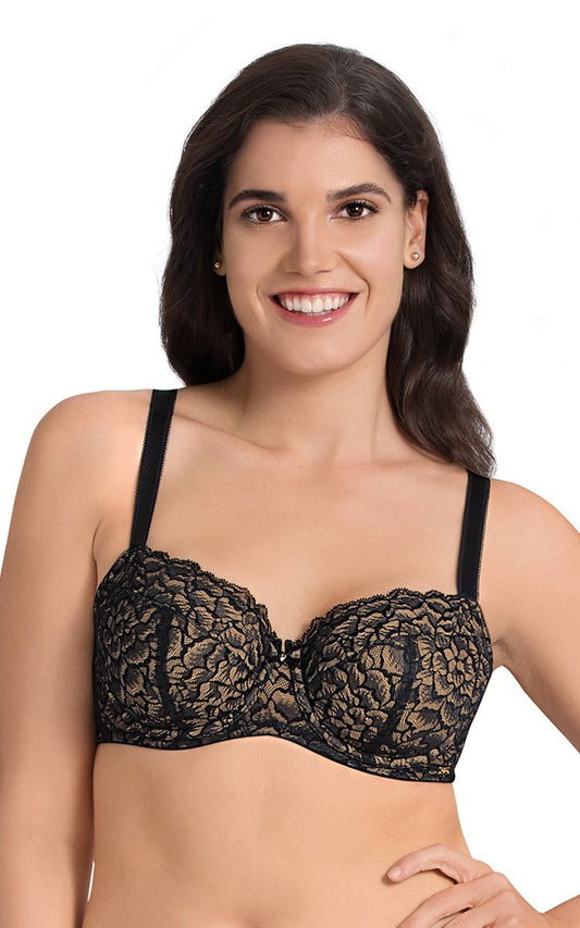 Ultimo Modern Bloom Padded Wired Lace Balconette Bra - Laced Black Color