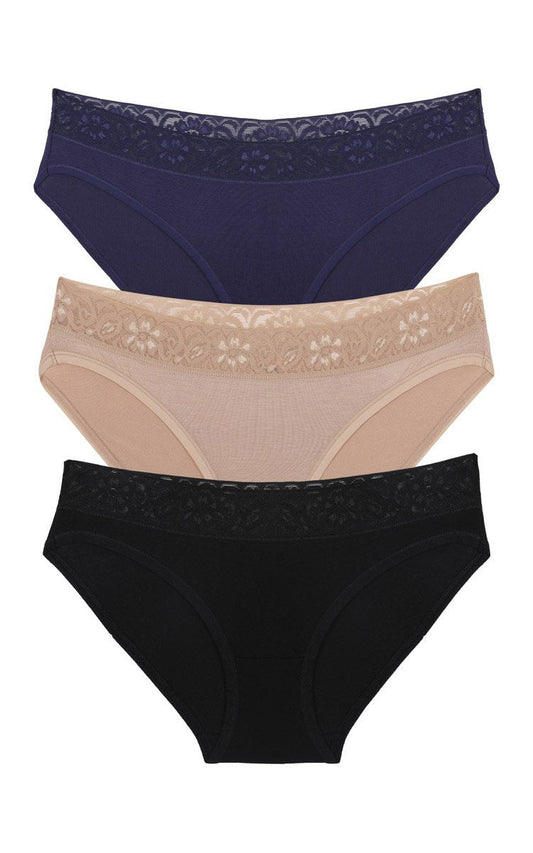 Ultimo Bikini with Lace Trim panty Pack (Pack of 3) - Inky Blue-Sandalwood-Black