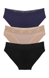 Ultimo Bikini with Lace Trim panty Pack (Pack of 3) - Inky Blue-Sandalwood-Black thumbnail 1