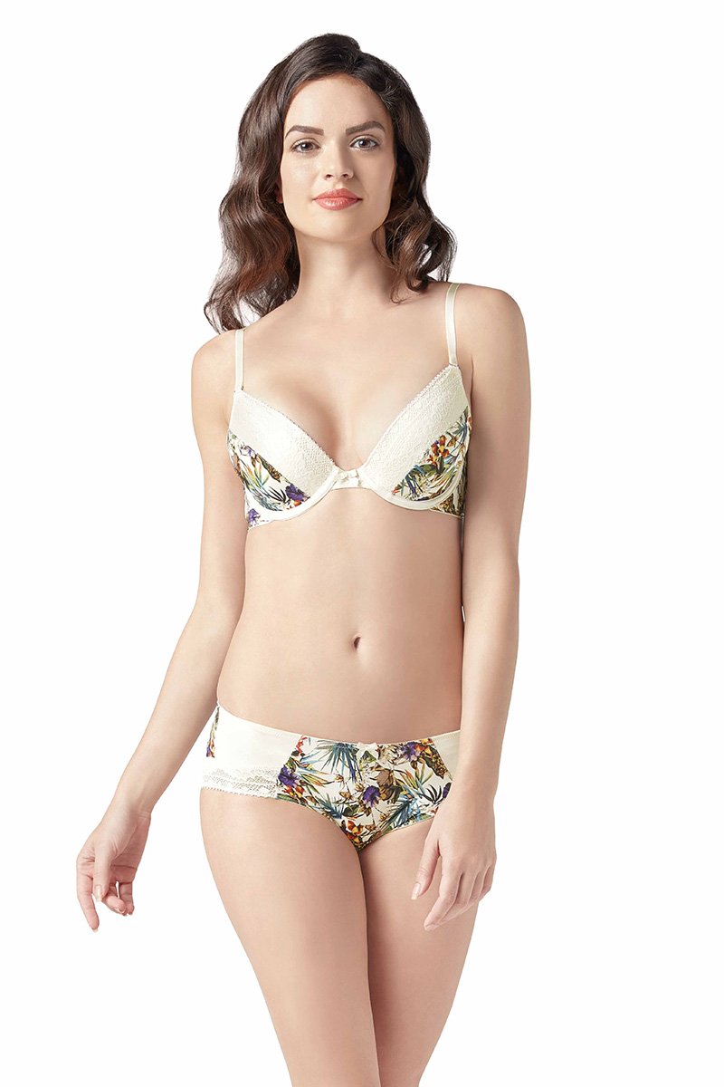 Tropical Crochet Padded Wired Demi Coverage Bra - Whisper White-Tropicana Print