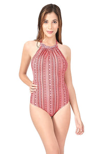 High Neck One Piece Swimwear - Coral Pr - color option