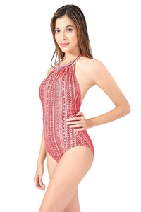 High Neck One Piece Swimwear - Coral Pr thumbnail 2