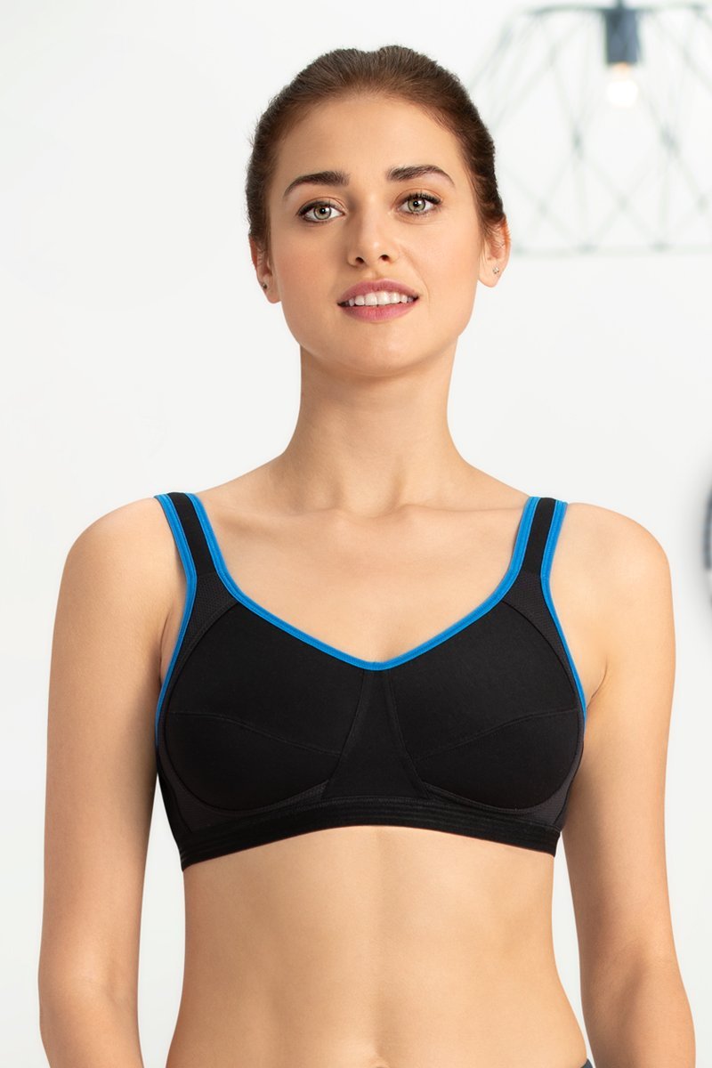 Medium Impact Non-Padded Non-Wired U-Back Sports Bra - Black-Blue - Image 1 of 4