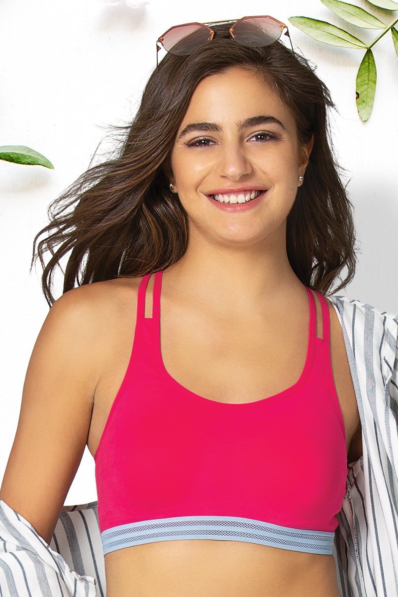 Crisscross Back Cotton Bralette - Bright Rose Color - Image 1 of 4