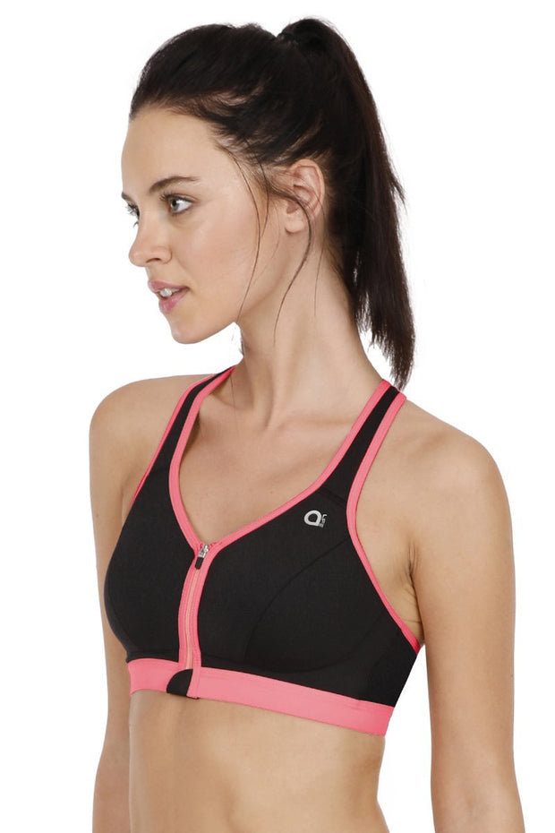 Medium Impact Front Zip Sports Bra - Black