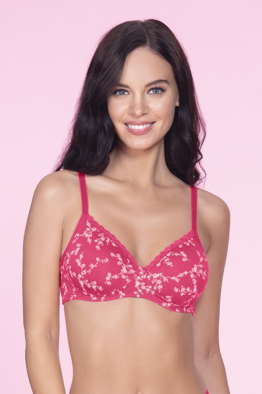 Cotton Casuals Padded Non-Wired Printed T-Shirt Bra - Azalea- Ecru Pr