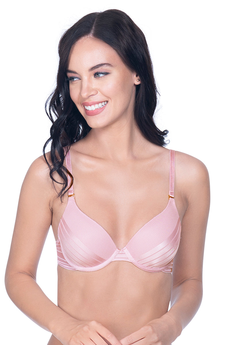 Sheer Stripes Padded Wired T-Shirt Bra - Dawn Pink - Image 2 of 4